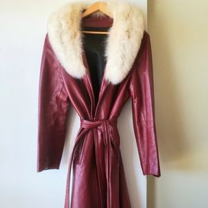 Vintage Leather Jacket Trench Coat with Fur Trim Oxblood 70's Groovy